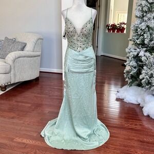 Handmade Luxury Plunge Sexy Embellished Silver Sea Foam Green Gown Dress